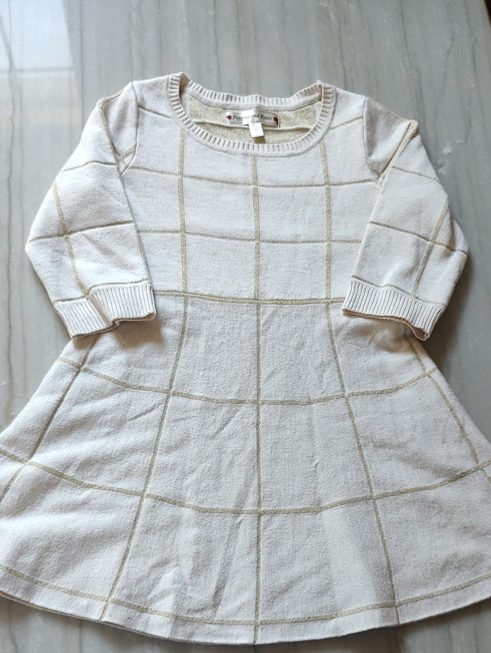 Cream Knit Windowpane Sweater Dress for Girls
